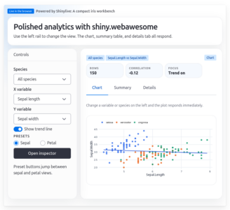Screenshot of a shiny.webawesome example app showing a control sidebar and coordinated chart, summary, and details views.